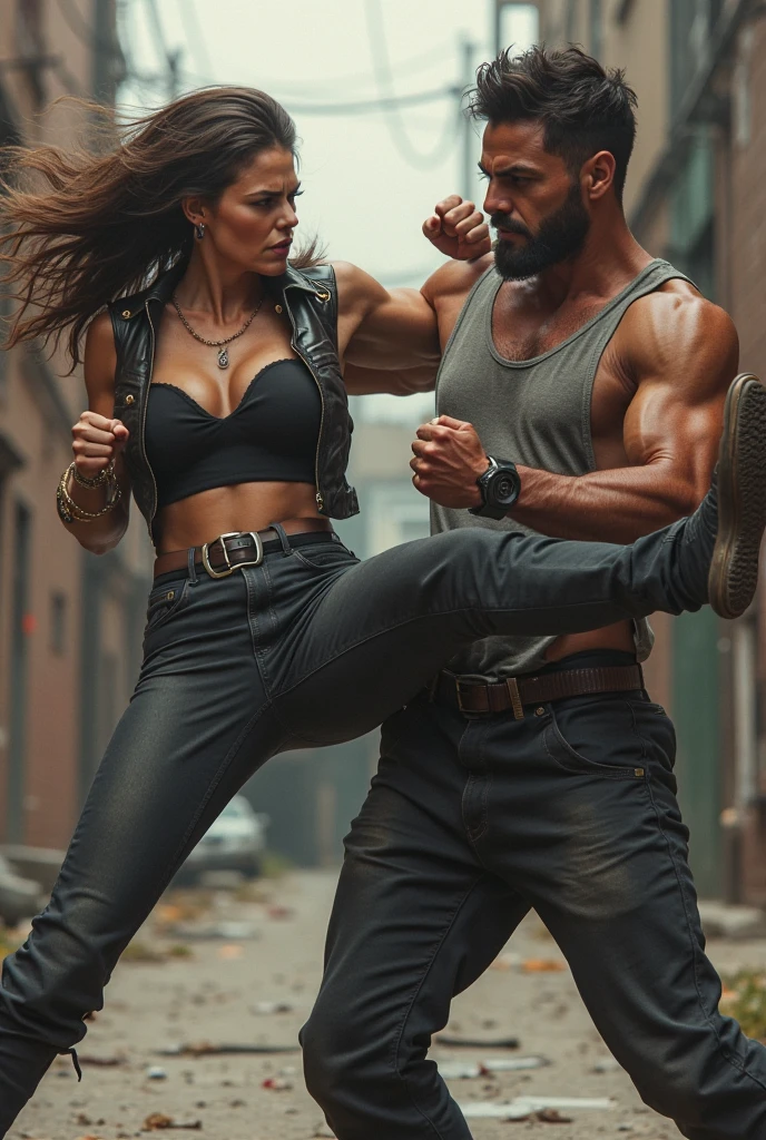 masterpiece, 8k, high resolution, best quality, ultra detailed), head to toe body photo, 1 man and a woman in one photo. The man is looking at the woman running behind her, he is very tall, bodybuilder, huge and exaggerated muscles, hot, perfect elongated face, handsome, bald, deep and detailed eyes, bald, shaved head, perfect body, 30 years old, muscular , very tall, pale skin, very white skin, very tall (he is about 6 feet 5 inches, very muscular, large pecs, big shoulders, well-defined abs, smiling, attractive, winning, he is a model, his dress is casual, he has blue tennis shoes, black shorts and blue shirt, daytime scene that has a dynamic shine and sun, he is running after the woman, as if they were playing. The man is taller than the woman. The woman has long, straight blonde hair. and wavy, big butt, big breasts, narrow waist, beautiful breasts, white blouse with tight neckline, black miniskirt with big thighs and fortified high heels, garter belt, face looks super realistic, very dark sensual makeup, pink lipstick, honey blonde hair, ice blue eyes, raw style and weighs approximately 150 pounds. Run away from the man