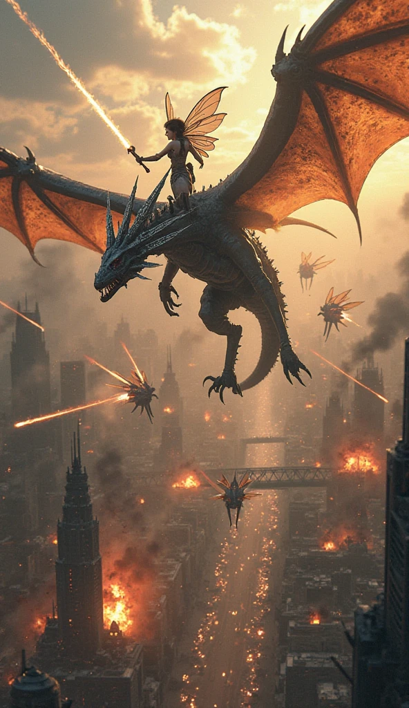 Photorealistic ground to sky eye view of a warworld alien invasion planet featuring flaming colossal dragons soaring across the sky in a fierce clash with the sci-fi African army's dragon riders, saddled on colossal dragons flying with majestic wings as they attack each other, realistic dynamic lighting blends seemlessly with natural light