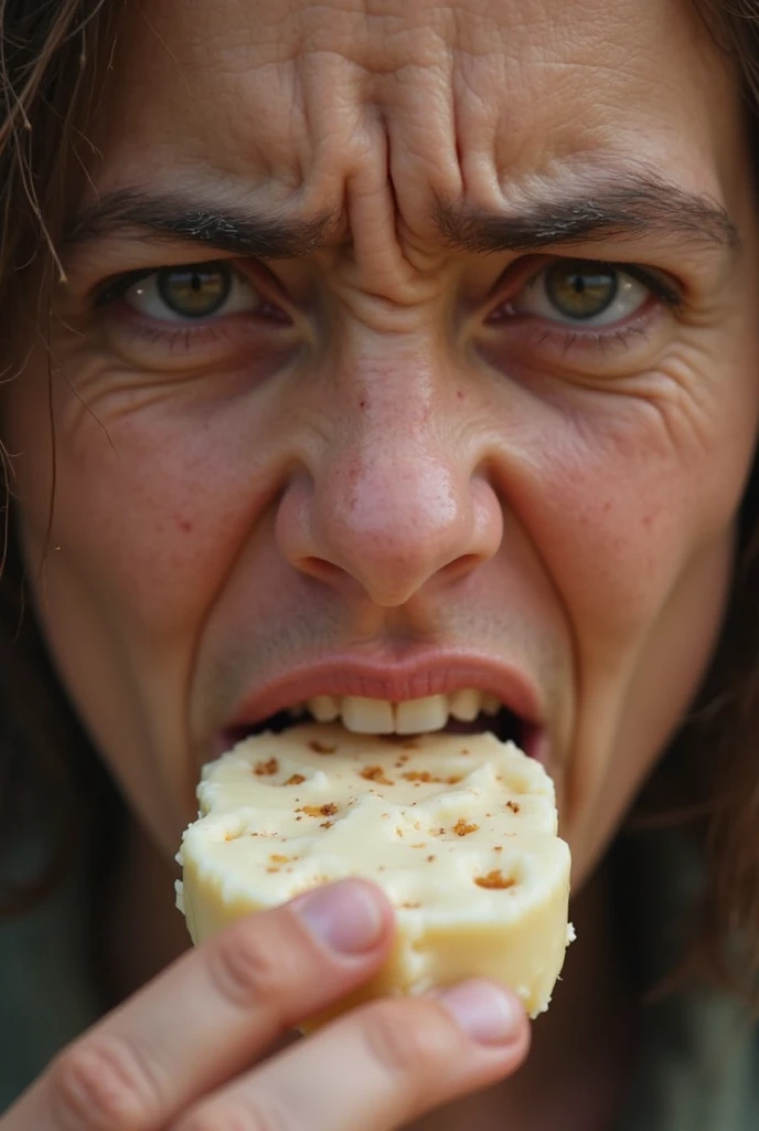 there is a woman sitting at a table with a plate of food, sweaty and gross pioneer work, her face muddy and sweat, sweaty skin dripping down face, sweaty face, without makeup, mud on face, her face flushing and sweat, cream dripping on face, 8k selfie photograph, dirty greasy face, no makeup, wearing war paint, mask off