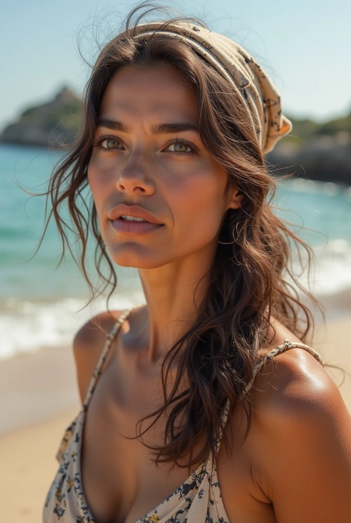 portrait of skswoman, hopeful , wearing beachwear , with black Side braid , background dungeon epic (photo, studio lighting, hard light, sony a7, 50 mm, matte skin, pores, colors, hyperdetailed, hyperrealistic),