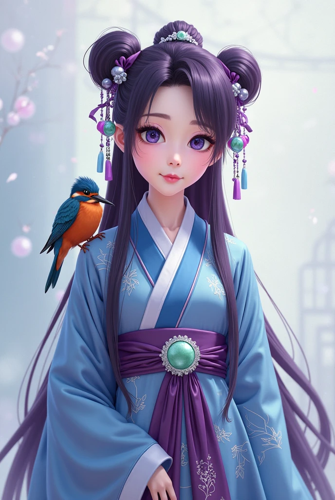 anime girl with long black hair and blue eyes holding a bird, high quality anime artstyle, beautiful anime style, anime artstyle, anime style. 8k, made with anime painter studio, anime picture, young anime girl, realistic anime 3 d style, beautiful anime girl, palace , a girl in hanfu, anime styled 3d, inspired by Du Qiong