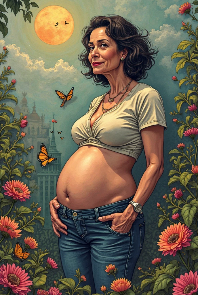 Latina, adult, pixie haircut, green hair, small insect wings on back, ((thin black tank top with grey leggings)), smile, ((breastfeeding a newborn)), Enchanting, Vivid colors, Turquoise, Soft Coral, Fantasy world, Digital painting, Iridescent accents, Elegant, HD, Highly detailed, urban setting, Beautiful woman, Realistic face, Natural photography, Ultra HD