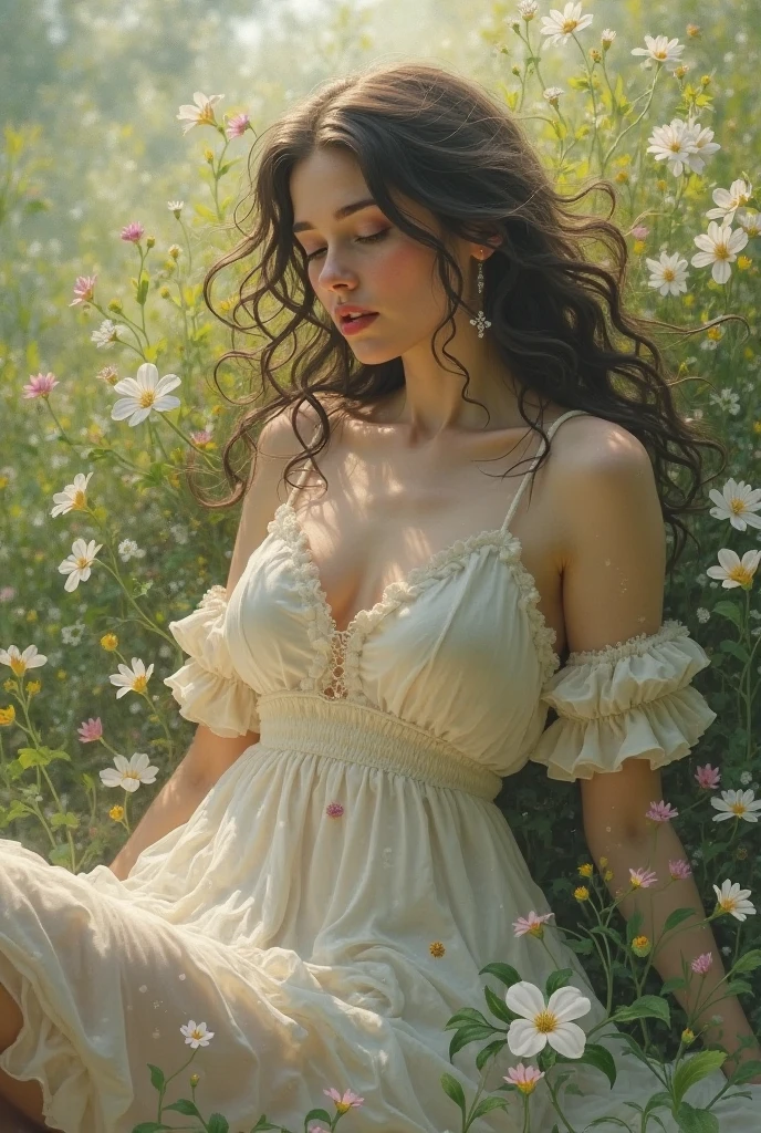 (((Chara Sophia))) 18 years old woman, just, long messy hair, bangss, average size , brunette hair, whole body, realistic lips ukrainian woman in a wet dress, She's in the water, fantasy closeup with water magic, fine art fashion photography, lots of Merlot, inspired by Irakli Nadar, inspired by Franz Xaver Winterhalter, with frozen flowers around her, inspired by Tatiana Hordiienko, Jean-Sébastien Rossbach, Karol behind uhd, Exit. Ukrainian flower band, Sunflowers, vyshyvanka dress, pompons
