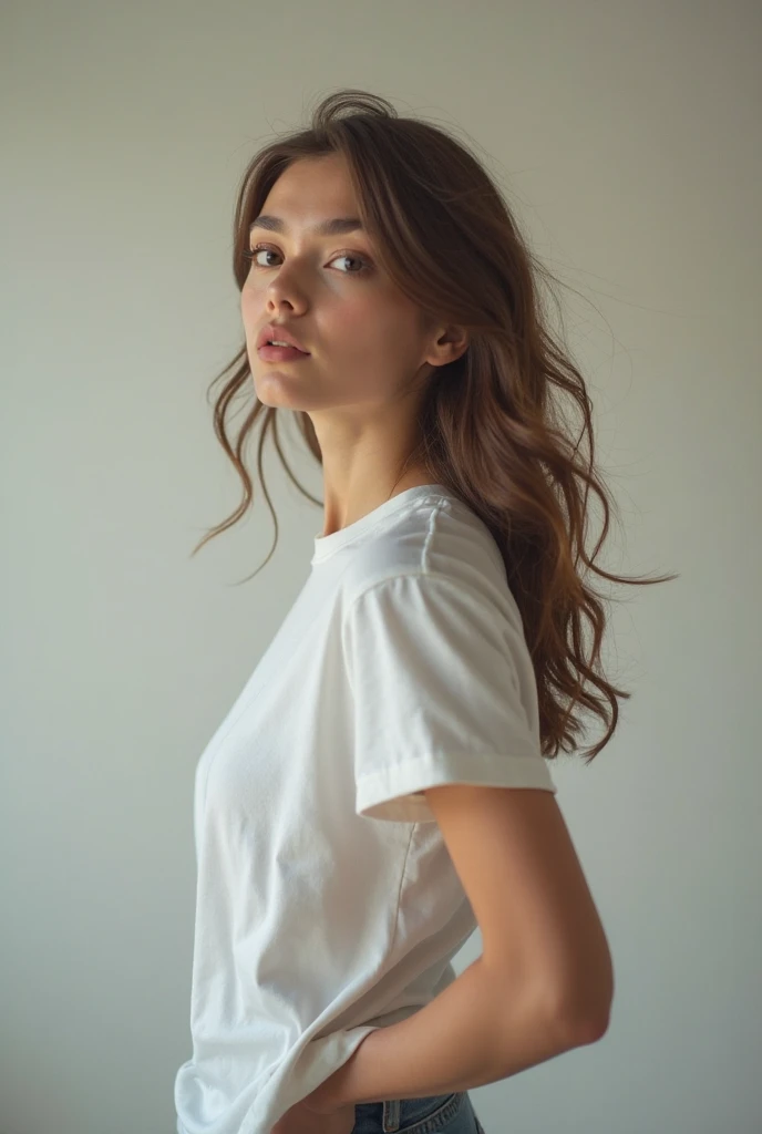  
\[Image of a woman of 1,72 m high, with light skin, Light brown bun hair, lightbrown eyes, normal body. She is standing, with a slight smile on your face. Your hair is slightly messy, but still beautiful. She's dressed casually, with a white t-shirt and dark jeans.\]