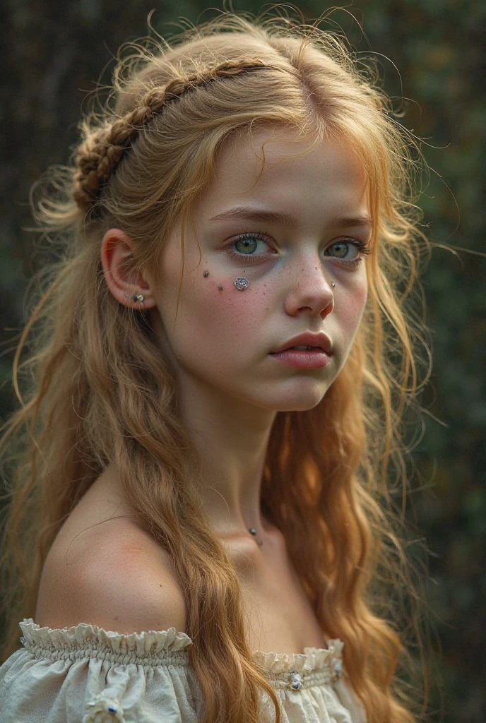 irish precious girl sleepy in cornfield with alien, nighttime, fireflies, closeup, cottoncandy, style of sally mann in color