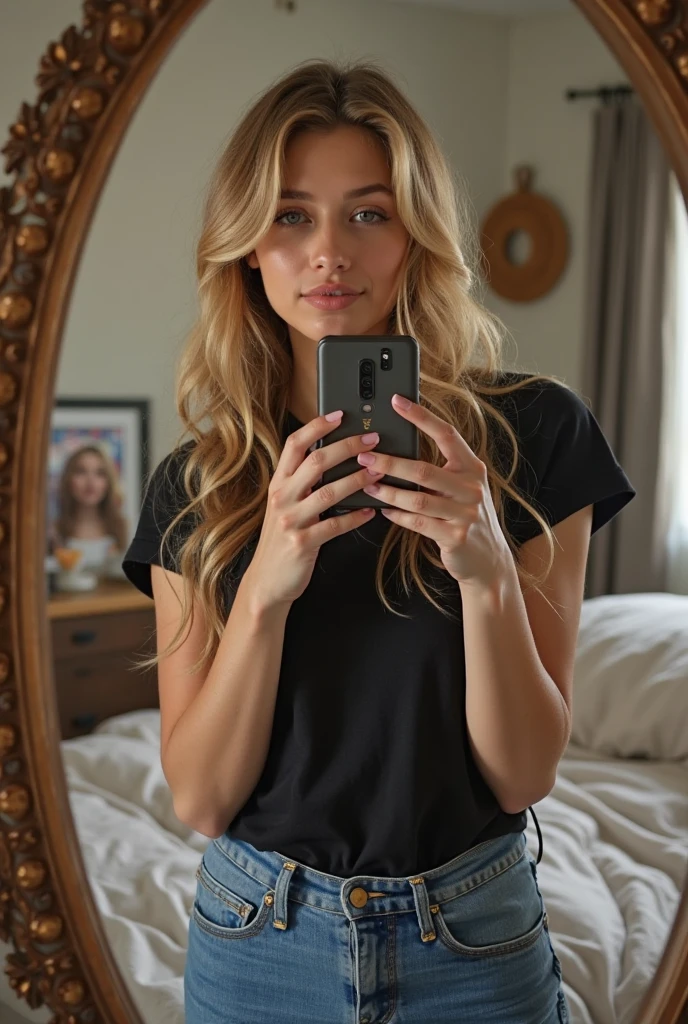 uma mulher, americana, 25 anos, pale skin and freckles, olhos cinzas, nariz delicado, soft and delicate lips, longo, cabelo blondie longo e ondulado na altura da cintura, sorriso meigo, face with delicate feminine facial features, altamente renderizado 