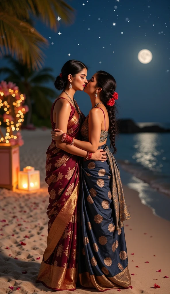 Anushka Shetty, curvy, British, 20s, catholic nun, smile, standing behind a tree, aerial view, dark night, only moon light, cleavage and navel, pouring water on her body over the head, dressed in transparent cotton, hugging and kissing her friend Emma Watson from behind, side view