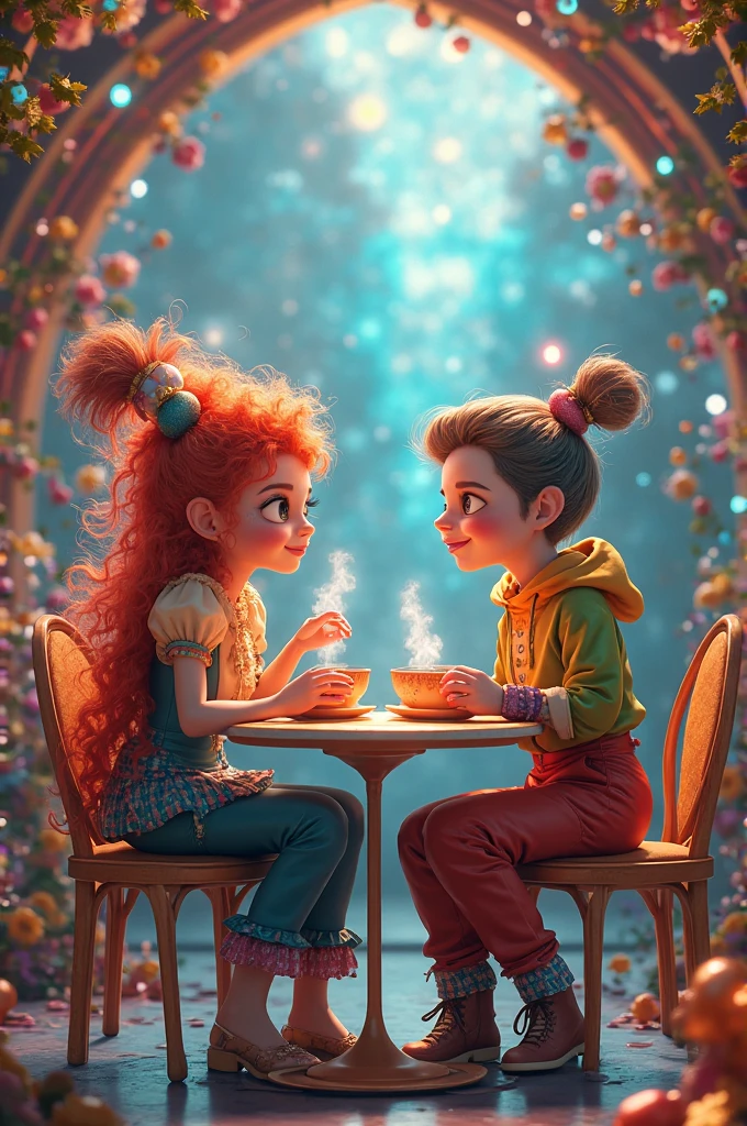 Pippi Longstocking with a hookah at the table,Anika smokes a joint and has glassy red eyes