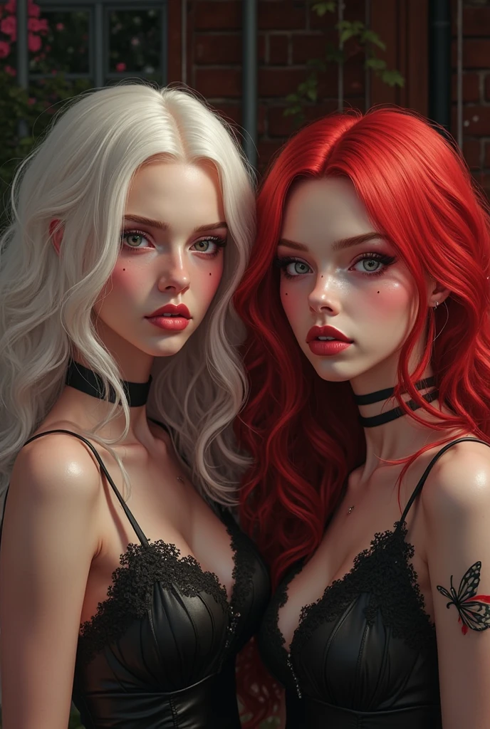 multiple_girls, breasts, 2girls, cleavage, jewelry, dress, multicolored_hair, red_hair, looking_at_viewer, blue_dress, realistic, large_breasts, earrings, necklace, blonde_hair, white_hair, plunging_neckline, halterneck,black guy sitting behind them,