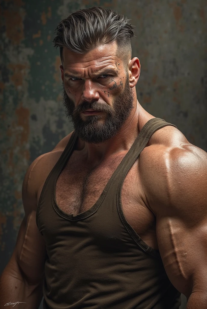 (oil painting, Impressionism) of (one wild uncle), (portrait:1.7), upper body shot,
Very detailed manly face, heroic, detailed realistic small eyes, (muscular:1.4), (big muscles), crew cut hair, symmetric, big round face shape, facial hair, (shirtless), (topless male). highly detailed, high quality, masterpiece