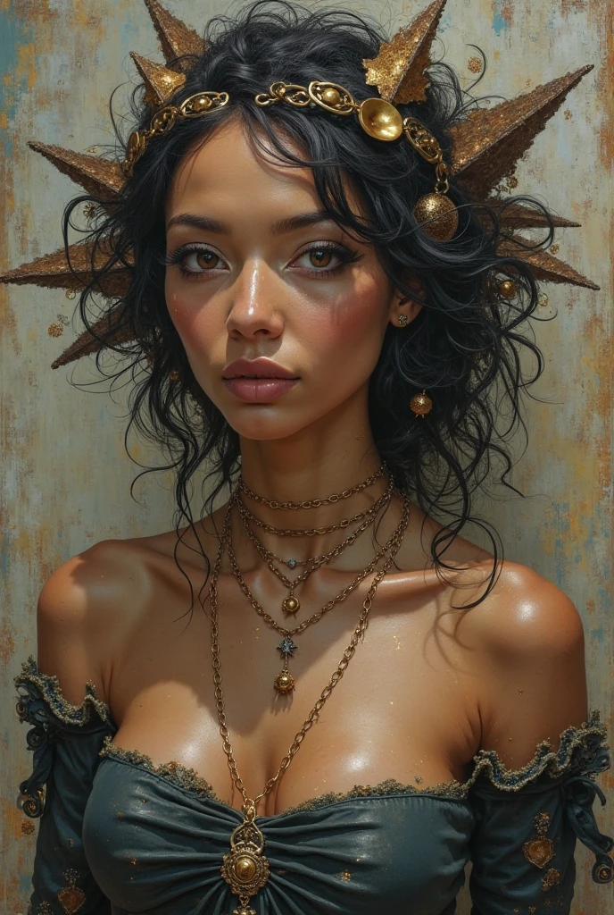 gold print body paint on a white woman's body, with Dark curly hair,  gold  jewelry on vhole body,  photorealism 8 k,(( white skin, pale skin, white female android, white skin)), pale skin, naked, topless,big green eyes, ((Dark curly hair)), jungle above,  (( dark curly hair)), Darka curly hair, long hair, very long hair, big puffy breasts, cgsociety inspired, cinematic goddess body shot, deviantart artstation cgscosiety, trending on artstation 4k, glossy skin, trendin on artstation, afrofuturistic, trending in artstation, digital concept art, cgsociety 8k