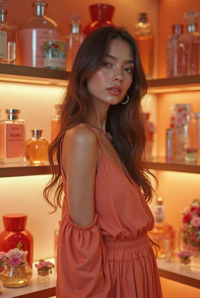 Female supermodel. Pink evening dress. Dim, soft lighting. Sunset. Sunset. Café Planetaria, Tokyo, Japan.
