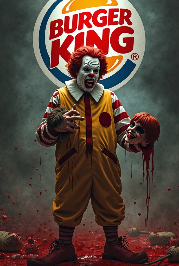 a photo of Ronald mcdonald eating a cheeseburger while sitting on a pile of skulls, by dzawadzki, ronaldmcdonald, (masterpiece), ((4k)), High quality,