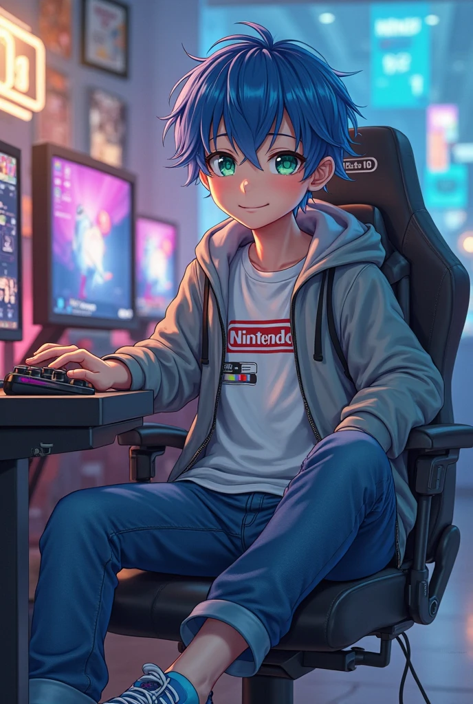 (Best quality: 1.0), (Super High Resolution: 1.0), Anime boy, short blue hair, brown eyes, sitting in front of computer playing games, background in esports room,