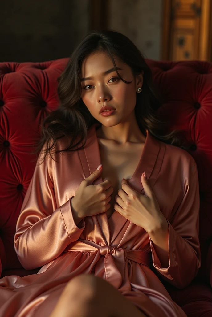 Female supermodel. Pink Kimono. Bamboo. Floor cushions. Soft lighting. Living room.