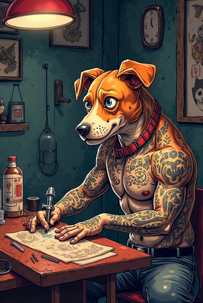Human body with Pitt bull dog head happy tender drinking coffee sitting at a table drawing fill only outlines