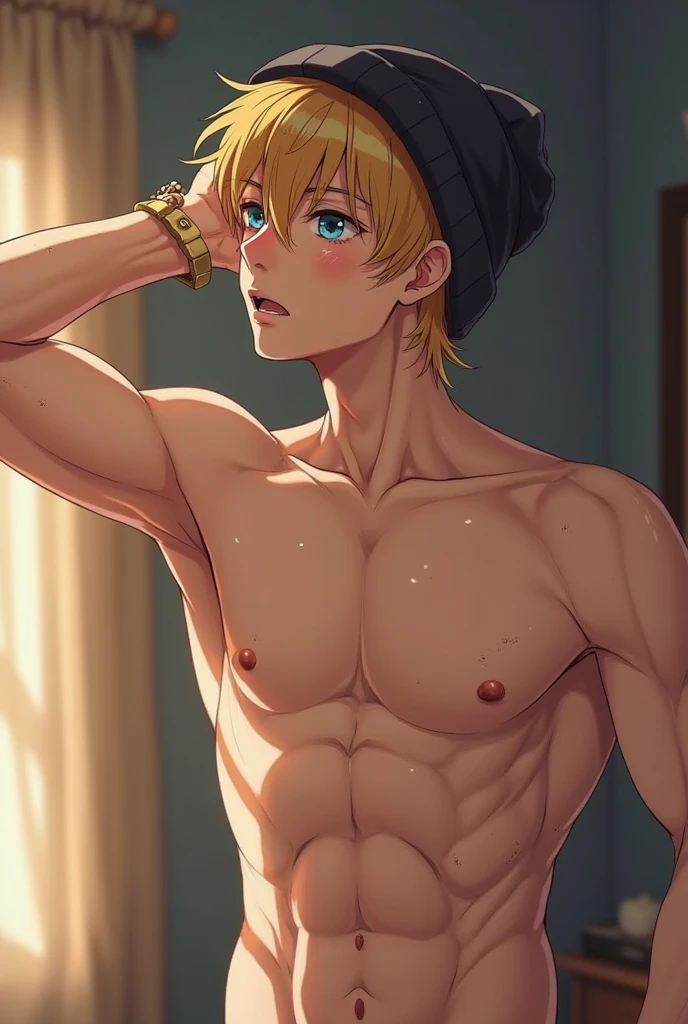 A naked anime blonde with his penis out of his underwear