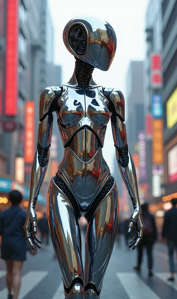 Robot woman walking down the street in a crowd of people in the big city, defile show, high quality, best quality, absurdres, masterpiece, beautiful, intricate details, 1/2 body crop, slim body, beautiful figure, magnificent anatomy, (intricate details:1.12), HDR, (intricate details, hyper-detailing:1.15), (natural skin textures, hyper realisitc, soft light, Sharp:1.2)
