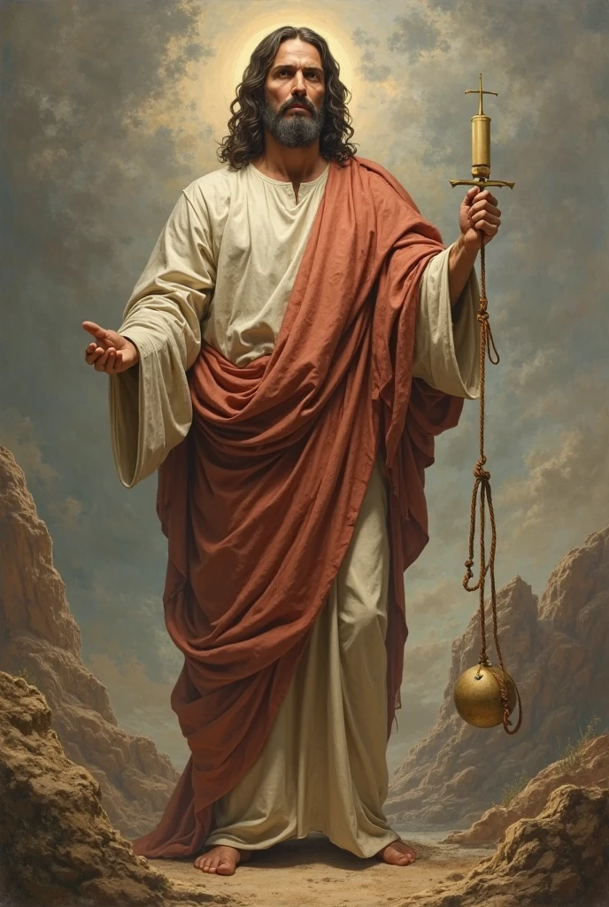 Catholic baroque image of St. John the Baptist, he is a 40-year-old man, skinny man. He has one of his fingers pointing to the sky. He is dressed in a camel skin tunic with his body a little showing, he is holding a staff, his hair is unkempt, he has a big beard. He has a wild appearance but has a serious and quiet look