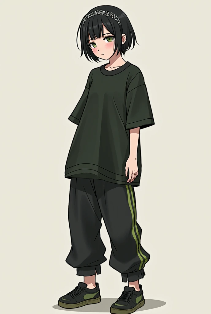 (best quality),((masterpiece)),(detailed), perfect face, sharp details, anime style, 1 girl. This girl is a teenager. She puts her hair up high as a ponytail. Her hair is a deep dark blue, and her eyes are brown. She has a small height and physique. She carries around a set of lockpicks. She wears a tshirt and joggers that are comfortable for outdoor activities. Her facial expressions are somewhat mean and playful. She is standing. Show me her full body, head to toe. The background is a plain green background with no effects, no furniture, no room.