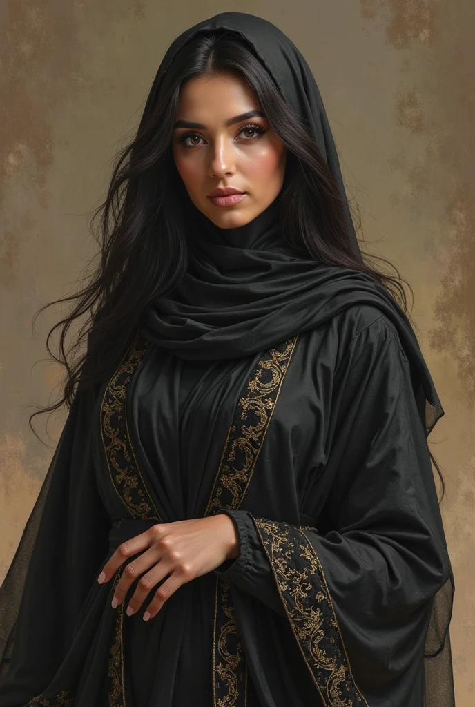 1950s old grainy picture,beautiful arab woman,woman wearing black abaya,abaya with low neckline,cleavage visible,apartment interior background,stunning detailed portrait,realistic oil painting,chiaroscuro lighting,dramatic lighting,vibrant colors,cinematic composition