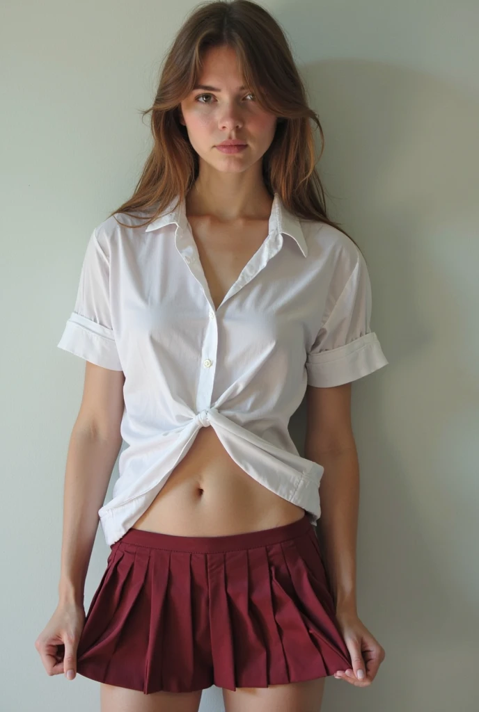 Best Quality,ultra detailed,good detail,A high resolution,8k,((photorealistic:1.4,raw photography,A high resolution,Superior image quality:1.4)), Best Quality、 Ultra-detailed、A high resolution、Fondos de pantalla 8k、Perfect dynamic composition,  Red hair, women, 16 years old, tiny breasts, thin arms, Skinny body, skinny girl, thin hips, parts, narrow torso, slim torso, beautiful detailed eyes、 blue jacket, (student clothes), (White shirt), white panties, (Red tie), ((Brown checkered school skirt:1.5)),1 girl in, a beauty girl,(Secondary students), Red hair, redhead, shortcut, Cover your left eye with your hair., smile，seated，full body like，socks