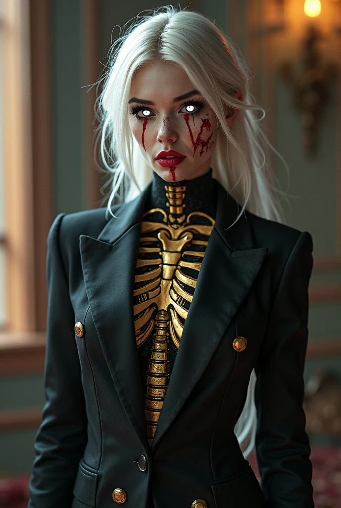 Beautiful girl con cabello blanco, black suit and tie and halloween makeup