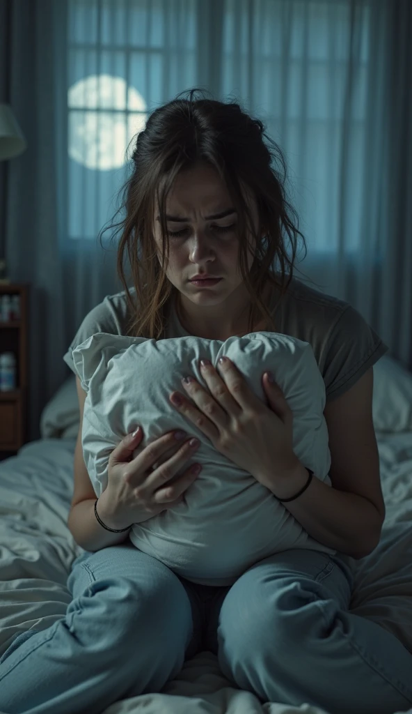 pillowhugxl 8k, high quality, professional, (pin up style), , (scared 21 year old woman sitting on couch watching a horror movie, (((holding a small) a down pillow))), side view <lora:PillowHugXL:0.8> , medium breast, petite, white t-shirt, shorts, lights turned off, cinematic, dark, creepy vibes, dark blue hues, bokeh, film grain, (((scared expression, ))), (hands in fist)