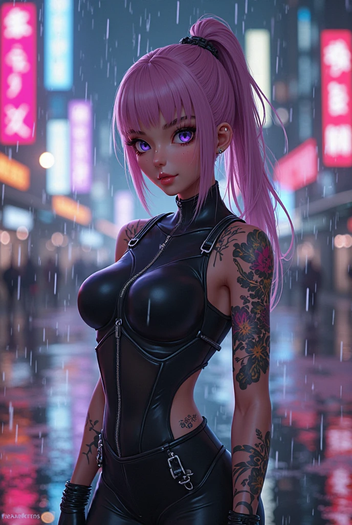 realistic, ultra-detailed, photography, portrait, 1 girl, beautiful face, asymmetrical hair, multi-colored hair, belt, bodysuit, covered mouth, covered navel, detached sleeves, grey eyes, hip vent, open jacket, futuristic noeon light bra, wet hair, wet clothes, cute, look at viewer, night city, neon, rainy, raw photo, shallow depth of field, 