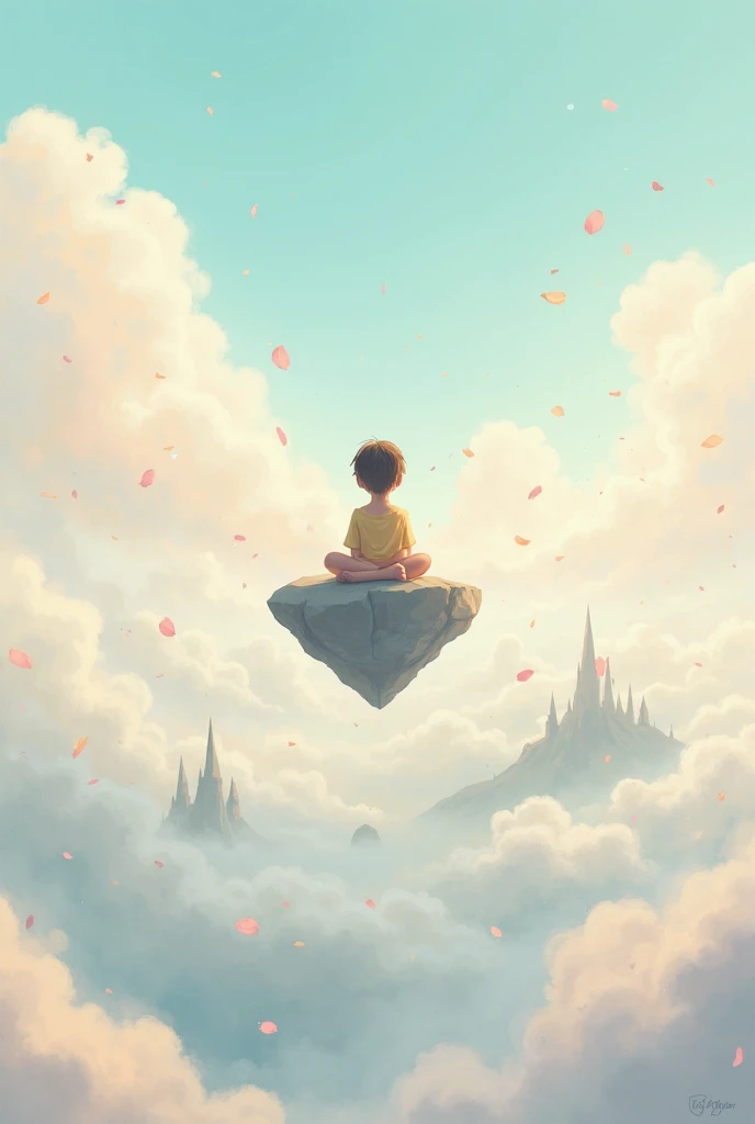 A boy sitting on a cloud in the sky looking down at the drops falling on the mountains and trees