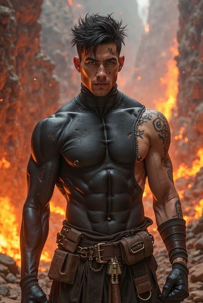 [art by  (peter de seve: gerald-brom: 0.3)], analog film .
(homoerotic:horror movie:0.4).
masterpiece, (realistic: fantasy:0.3), best quality (RAW photo:1.1) 
split toning, dramatic movement, volumetric lighting, backlit by the environment
BREAK,
(upper body photo: full body photo:0.2), muscular and hot (Bodybuilding:1.3)(17 year old:11 years old:0.3) (boy:demon face:0.8) with big neck, (Brazilian: Italian: 0.3), ((wearing a  (latex: leather:0.5) compression suit)),[some exposed body parts],open zipper, 
in a  (dungeon: pit: 0.2), in the dark, harness,
(face expression: angry,frow,sadistic, violent, domineering, aggressive, brutal, alpha, master),fire, sexy, (Smoky eye makeup:1.2),
darkness dominates the scene,face down,close mouth ,large pecs,hunk,body hair,
<lora:PAseer-SDXL-HorribleFace:0.8>,<lora:add-detail-xl:0.8> , 
BREAK, 
 (darkness:1.2), evil, smoke, fire, candles, velvet, torture, , 
BREAK,
(( from below, from side,(dynamic pose),  sidelong,beside)),in motion,
BREAK, 
(extremely detailed face, high quality face, high resolution face:1.4) , UHD
(8k, 16k, high resolution, extreme quality, perfect pixels,insane quality), twice as many pixels,(megapixel:1.3), ((high sharpness, extreme sharpness))
((professional photo)), much pleasure terror violence and desire are expressed by the scene,(detailed eyes;1.2)
Dark Fantasy Art,, dark, moody, dark fantasy style,   <lora:HellAI_XL:0.2> HellAI, skull, fire, demon, monster, <lora:PerfectEyesXL:1> <lora:JuggerCineXL2:0.8>