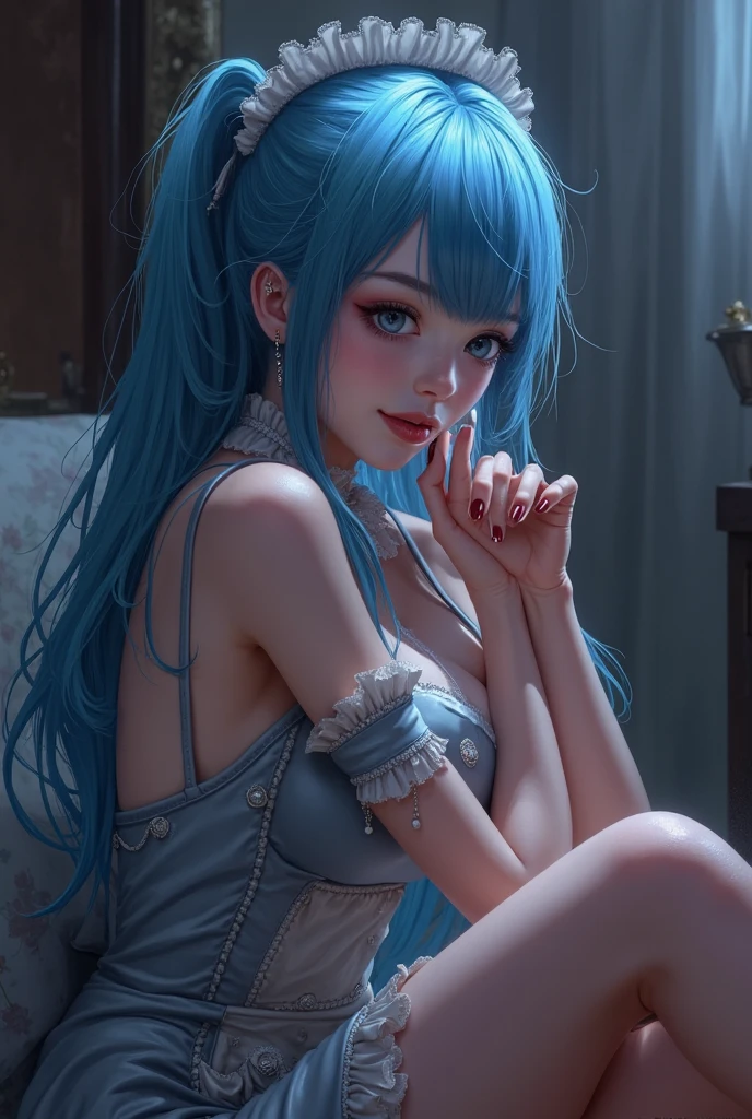 masterpiece, highest quality, high detail, in popular culture they say that the devil is a male..but what if the devil was a female, Sapphire blue hair, ruby red eyes, dark aura, glimmer, bokeh, solo, runway detailed background, realistic, studio lighting