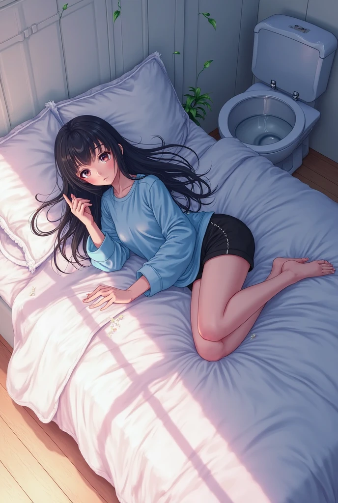 the girl with black hair,Thin stature,hair messy,Long hair,Small face,emaciated,Lying on the bed in the bedroom playing with your phone,White loose short sleeves,Bare legged,without wearing shoes,scruffy,with hair dishevelled,Various anime beauty figures are placed in the room,Close the curtains,The lighting is dim,The face is gloomy,Three no girls,Lovely room interior and bed,emaciated,Poor milk,The chest is extremely small