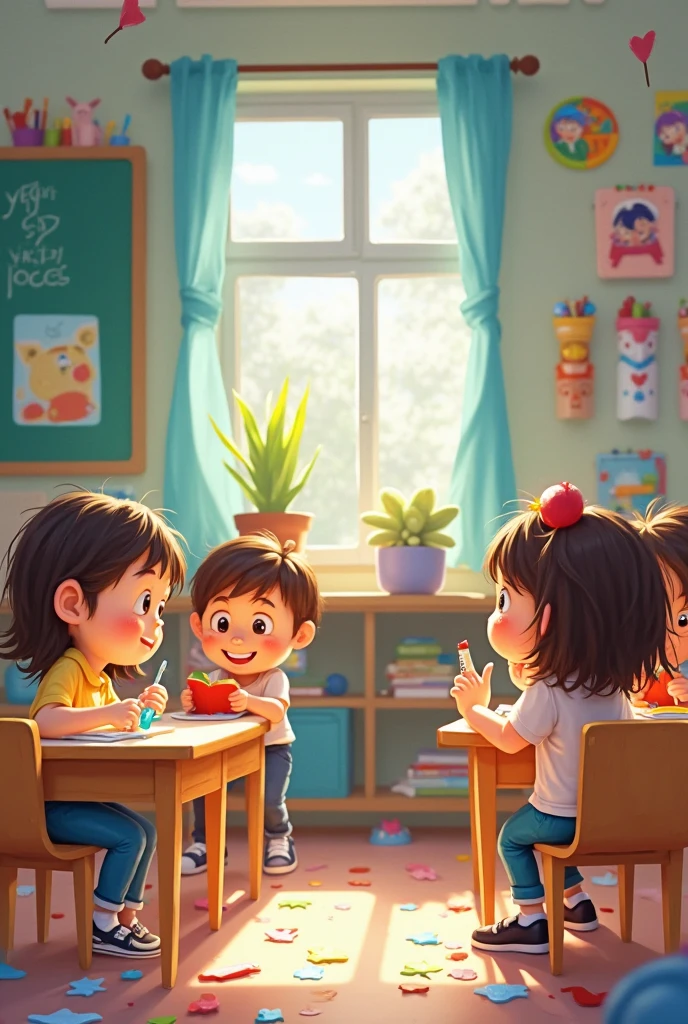 A bright and cheerful play school classroom filled with colorful toys, books, and playful decorations. The walls are adorned with alphabet posters, numbers, and smiling cartoon animals. Children are happily engaged in different activities like drawing, building blocks, and playing with stuffed animals. The atmosphere is full of joy and learning. Cinematic style 