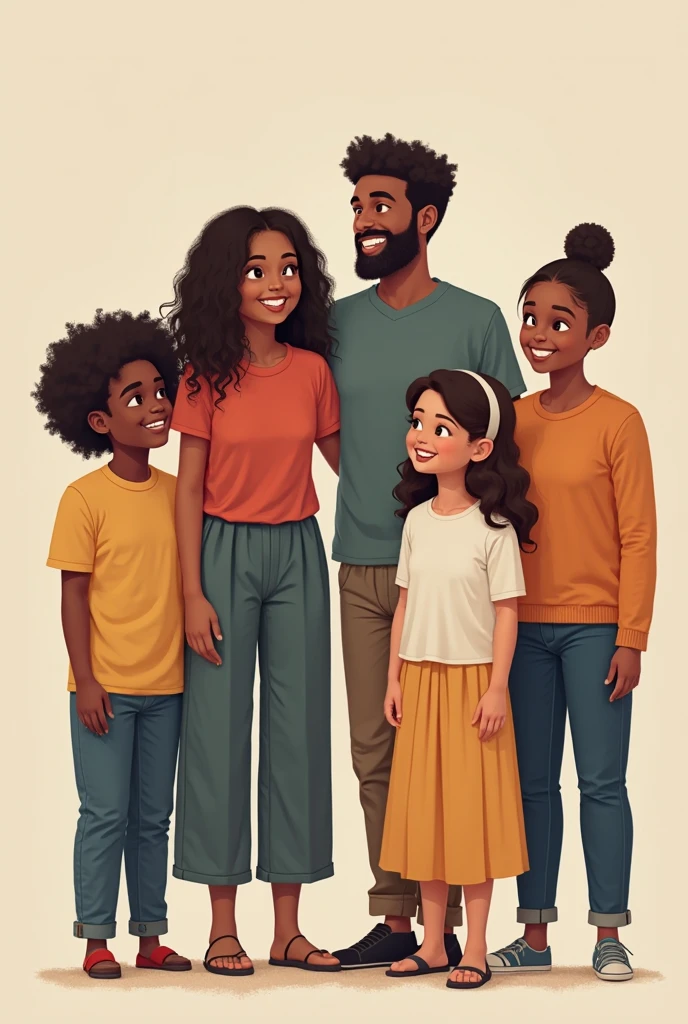 an adult man standing white and with black hair, with a young brunette woman with curly hair, and three daughters, One of the daughters should be tall and have very white skin and the other two, smaller and curly brunettes

