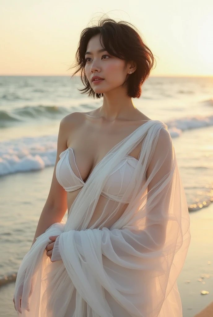 score_9, score8_up, (masterpiece:1.5), uhd1.2, RAW photo, intricately detailed, hyper realistic, stunning beautiful girl, 25 yo, perfect body, slender but curvy, detailed perfect smooth natural skin, beautiful shinning short hair, bangs, messy hair, hair, delicate facial features, detailed glossy eyes and pupils, detailed shinning natural hairs, detailed sharp nose, detailed white glistening teeth, perfect symmetrical face, detailed natural perfect breasts, graceful pose, soft lighting, artistic painting, vibrant colors, ethereal atmosphere, mesmerizing gaze, flawless complexion, enchanting beauty, surreal background, solo, looking at viewer, bangs, (beautiful sexy designer summer dress, floral design, off shoulders, vibrant and colourful dress), on a serene beach, sand, relaxed mood, vacation vibes, seductive pose, flirty smile, dynamic pose, upper body, perfect lighting, looking at the viewer, lips, extremely detailed surroundings,