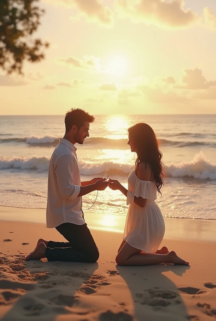 image of a handsome white man, 30years, proposes to a beautiful woman, 27 year old, dark-haired white, em uma praia
