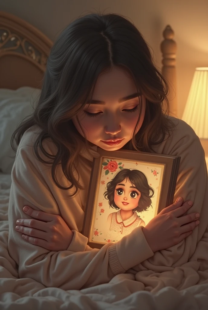 A girl looking at a photo of a woman with a baby in her arms 
