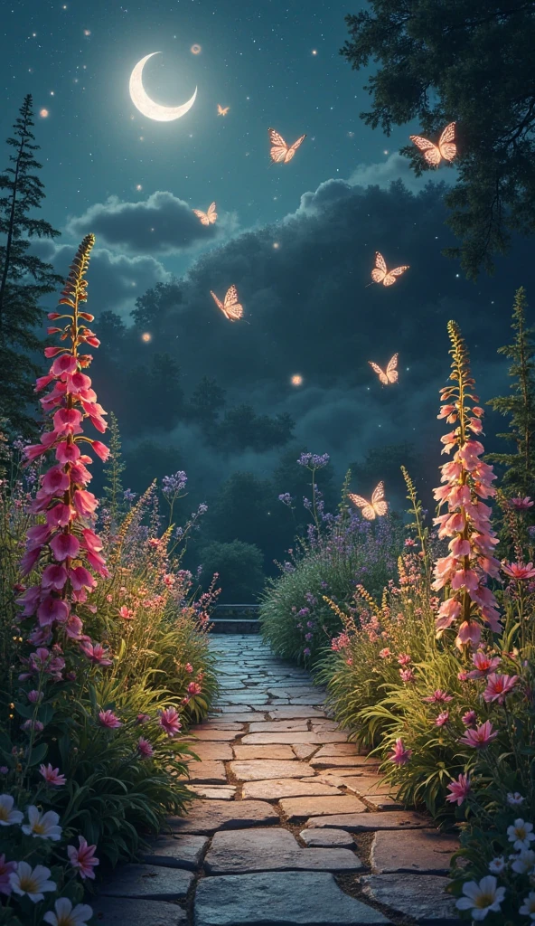 A glowing garden terrace under a crescent moon, flowers blooming with a ...