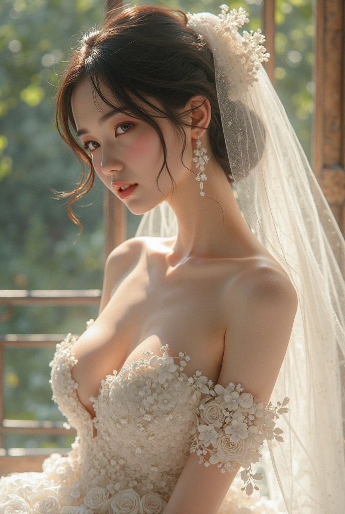 ((RAW images)),(Tabletop),(Highest quality, Realistic, In detail, High resolution, 8k wallpaper),(Super Detail),((Very delicate and beautiful)),Focus on the characters,Dynamic Angle,View your viewers,((alone)),Are standing,((whole body)),((A princess wearing a gorgeous ball gown wedding dress with a voluminous skirt)),((June Bride)),Detailed face and eyes,Jewel-like eyes,((Very long and voluminous hair)),Gorgeous embroidery and lace,((Gorgeous corsage)),See through,(Gorgeous Jewelry Ornaments),Luxury hair accessories,Gorgeous jeweled tiara,Gorgeous frills,((Big Tits)),indoor,Church wedding,((whole body)),Hoop skirt,crinoline,very long wedding veil,(((A mix of bejeweled wedding dresses and lavishly embroidered Rococo ball gowns))), (((Very large breasts bigger than a face))), ((Beautiful golden ratio face))
