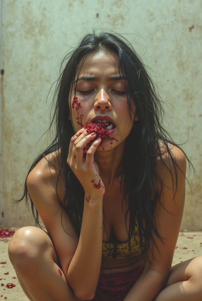 Human head being traded in a traditional market, on a top of table, human trafficking, bleeding, woman's head, open mouth, ((eyes closed)), bleeding, photorealistic, 4K, Nikon, horror, public market backgound, beautiful asian face, Crazy, horror, 17-year-old man, naked with an apron full of blood, is behind a seated, bloody  woman. The man has a machete, hyper realistic, realistic