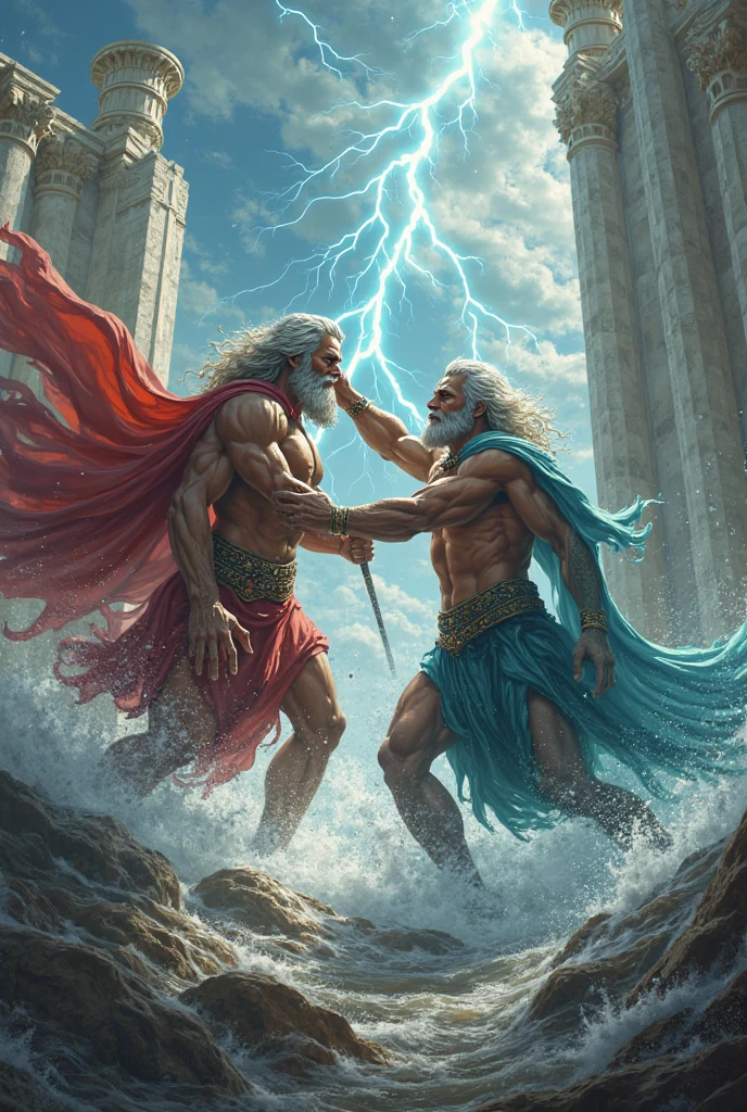 Zeus shooting a lightning bolt in the dark as a roblox character at Poseidon who is also a roblox character poseidon uses his trident on zesu (add text saying Gods Of RNG and make it match the background)