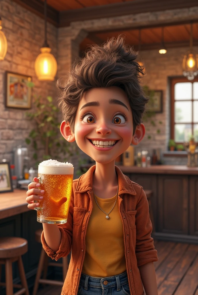 (best qualityer, 4K, 8k, high resolution, Masterpiece artwork: 1,2), ultradetailed, (realisitic, fotorrealisitic, fotorrealisitic: 1,37), young boy , brownhair, dark boy, prominent cheekbones, perfect smile, detailedeyes, captivating, Expressive, Masterpiece artwork, best qualityer, 8k, detailed skin texture, detailed fabric texture, beautiful and detailed face, details Intricate, ultra detaild, black jersey, holding a glass of beer, all-body.