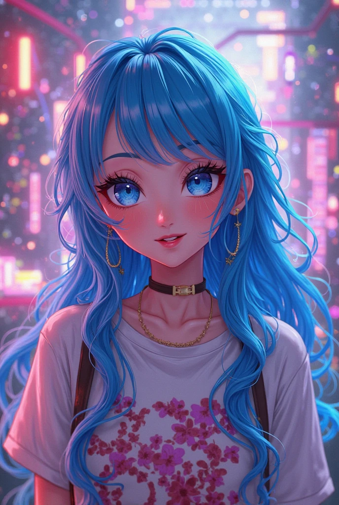 long hair beautiful anime girl hair flouresente corroxo and bright blue