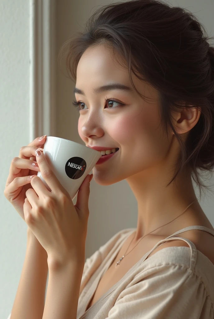 That's excellent, amazing, Ultra HD, Realistic, girl, (Beautiful Face 1.4), (big, Narrow waist), Long Hair, indoor, Bokeh, Beautiful light, Shiny skin, Small Head, smile, Dinner Party, Holding a cup