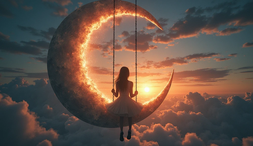 Double exposures, Girl sitting on a swing on a cresent moon, sunset, masterpiece, fine art, by Andreas Lie, Bojan Jevtic and Ashley Wood, spiraled world of dark and light, night and day, miniature crescent moon, night sky, surrounding clouds, realistic, whimsical, fantastic, Splash art, intricate detailed, hyperdetailed, maximalist, psychedelic, post-apocalyptic, photorealistic, concept art, dynamic lighting, sharp focus
