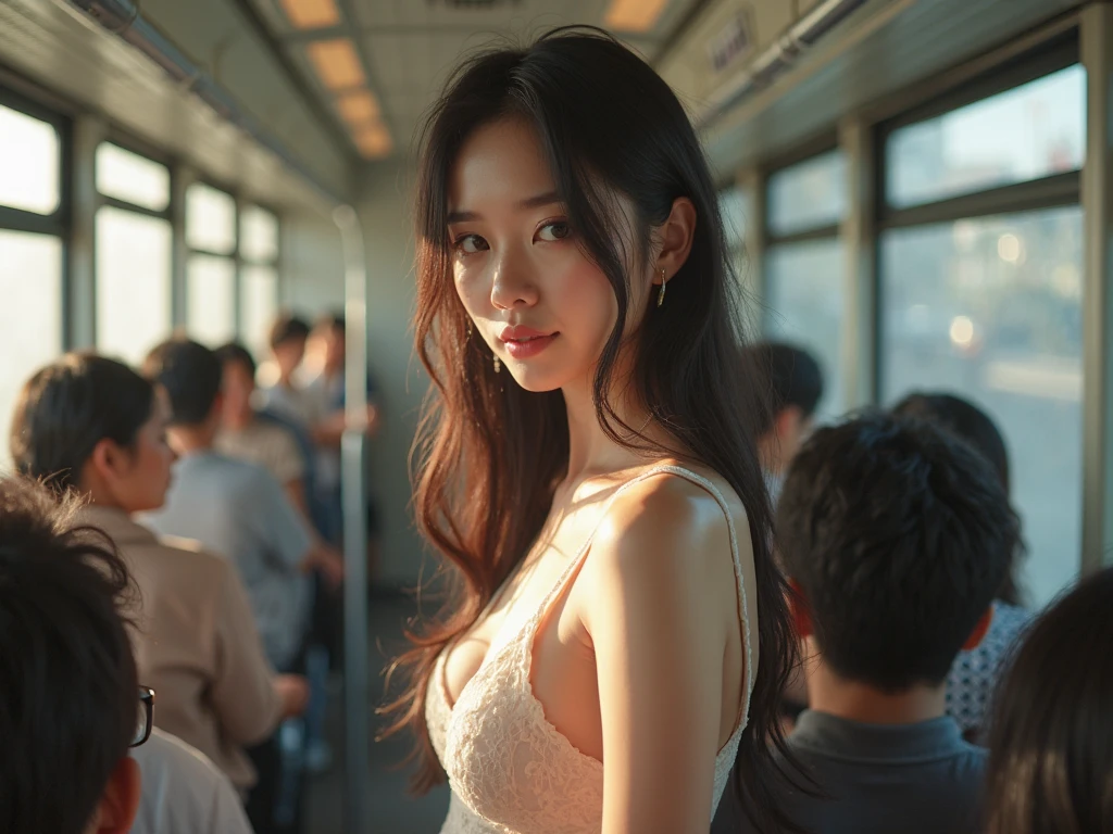 (In 8K、RAW Photos、Highest quality、Realistic、Realistic、Professional Lighting、masterpiece、Very delicate and beautiful、Very detailed、finely、Very detailedな、High resolution、Full Shot)、software、in the train、1 Girl、Beautiful woman(Woman 1)、(Tie your hands behind your back)、bondage、She's naked、Completely naked、Beautiful Face:1.5、Slim figure、Big Breasts、Wide Hips、Rope Bondage、She is standing、My hands are tied behind my back