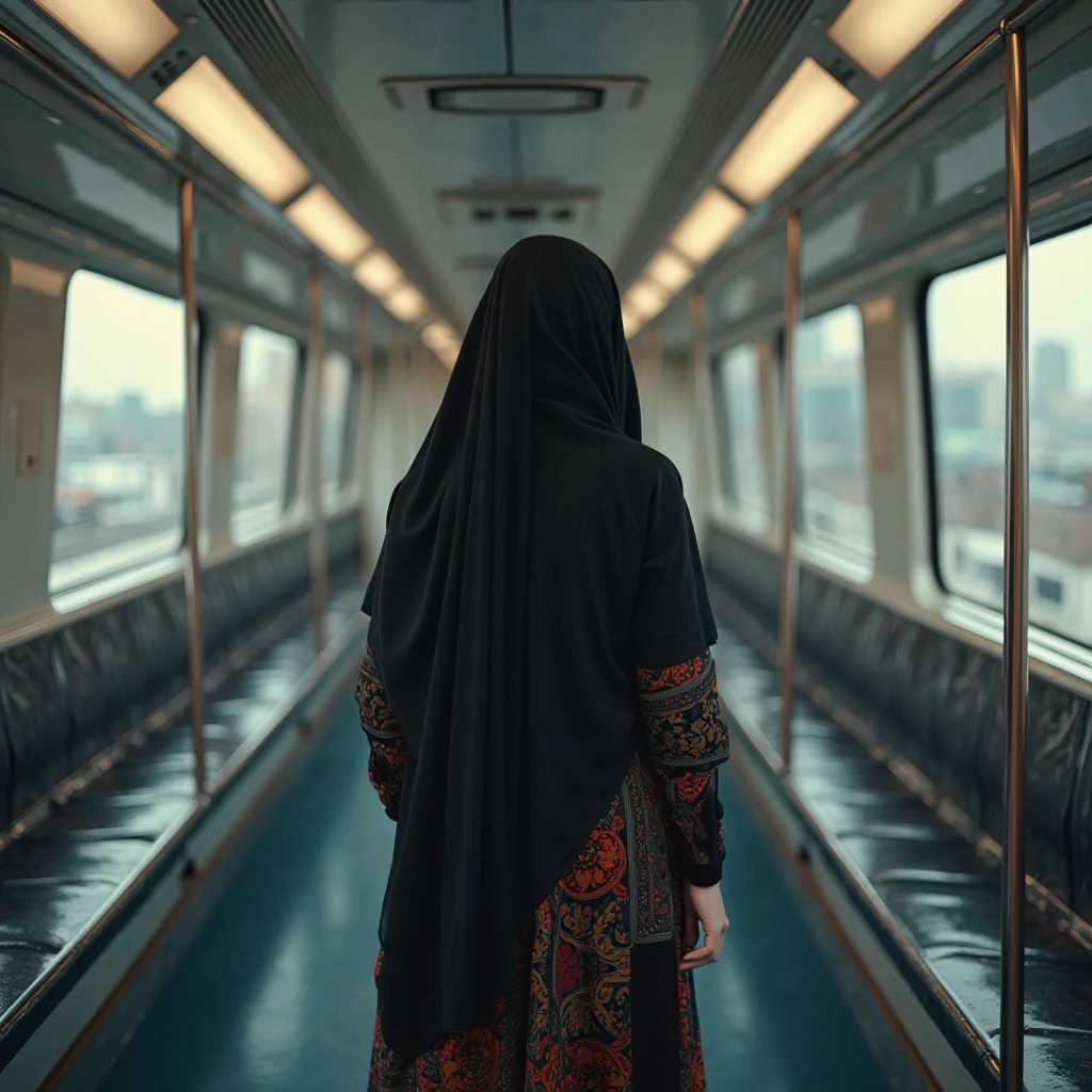 hijabi girl, from back, walking down the stairs, at the train station 