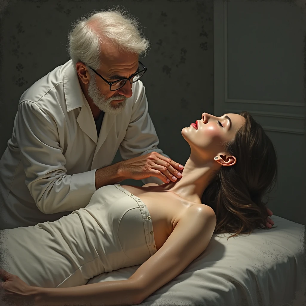 An elderly lady, 89 years old, who has black skin, she is fat and is wearing glasses. She is spanking an adult Caucasian woman on the , long black hair, who is  and lying face down on the elderly lady's legs.