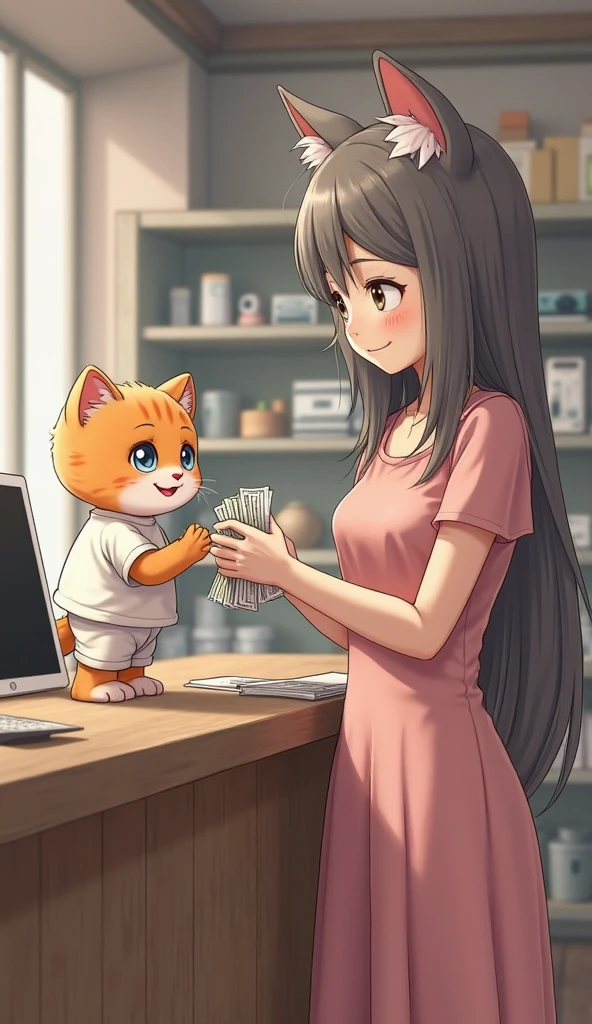 Inside the pet shop、Near the cash register、A girl holding a calico kitten、The girl is holding money in her other hand